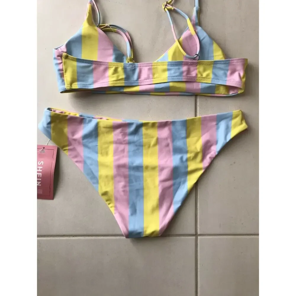Shein Swim Women M Bikini Swimsuit Multicolor Striped Padded Bra Swimwear NWT